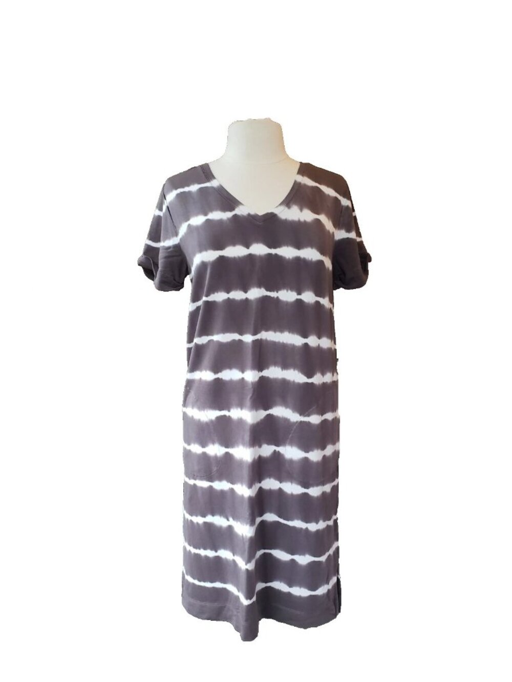 Garnett Hill Tie Dye French Terry V-Neck Taupe Everyday T Shirt Dress